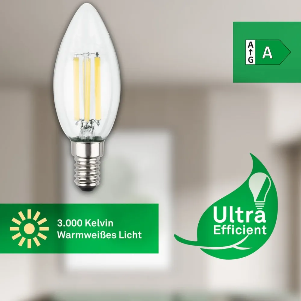 Briloner Filament Pære|Led Pærer > LED-pære stearinlys E14 4W klar 3000K 840 lm energiklasse 2er