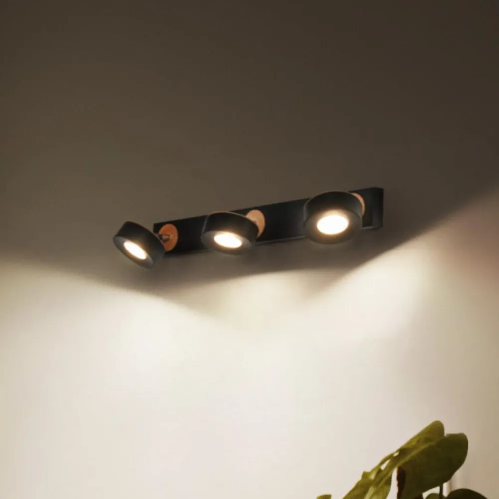 Spotlights ^ LEDVANCE LED-loftspot Pluto, stål, træ, 3-lys, sort