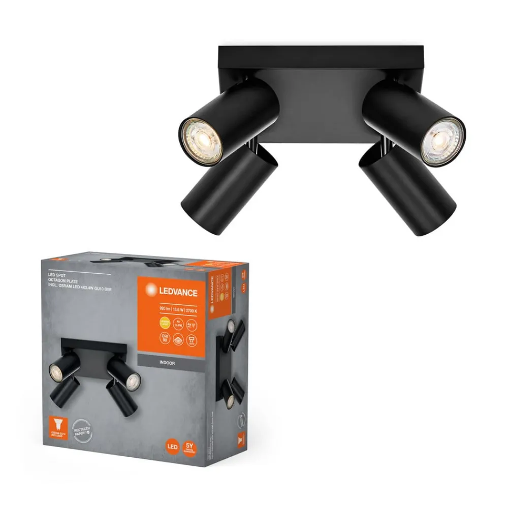 Loftlamper|Spotlights ^ LEDVANCE LED-spot Octagon dæmpbar, 4-lys firkantet sort