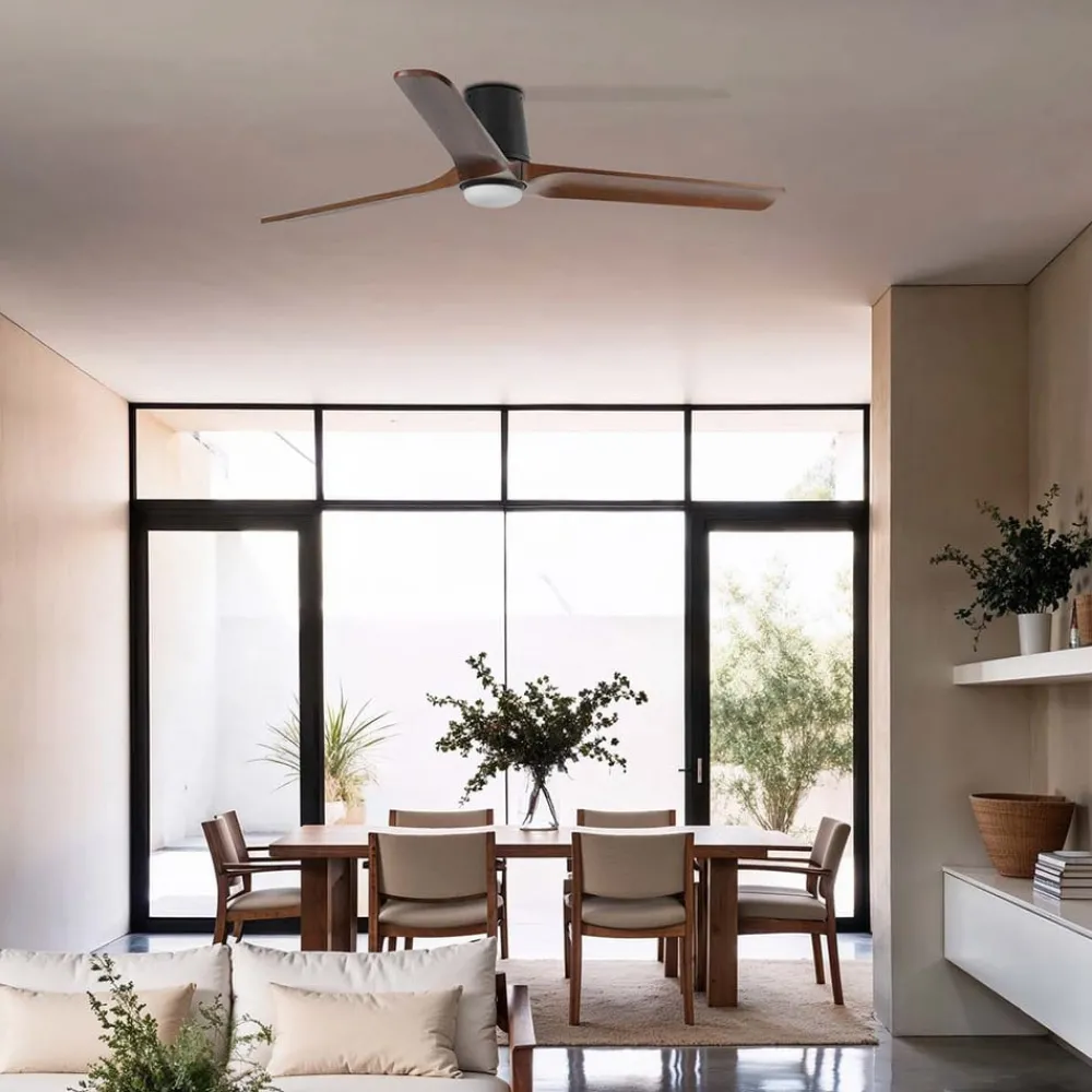 Loftventilatorer ^ FARO BARCELONA LED-ventilator Heywood L, sort/træfarvet, DC, støjsvag, CCT