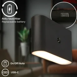 Væglamper|Væglamper ^ Briloner LED-væglampe Chat, sort, 16 cm, plast, sensor