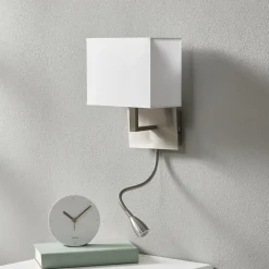 Væglamper|Væglamper ^ Searchlight LED-væglampe 6519 med LED-læselampe, satineret sølv