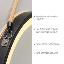 Møbel Og Interiør ^ Paul Neuhaus LED-vægspegel VIDRO, sort, Ø 40 cm, powerbank, hængende