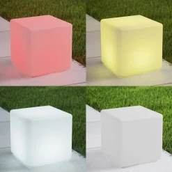 Dekorationsbelysning|Terrassebelysning ^ Lindby Akku-LED-udendørslampe Cubara, RGB, terning, plast