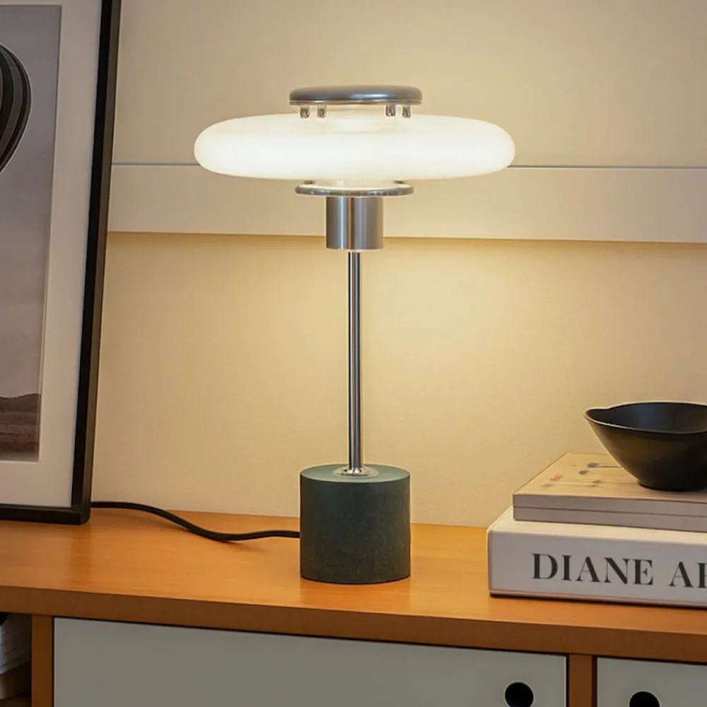 Lindby Pendellamper|Bordlamper > bordlampe Branford, retro, hvid/grøn opalglas/marmor