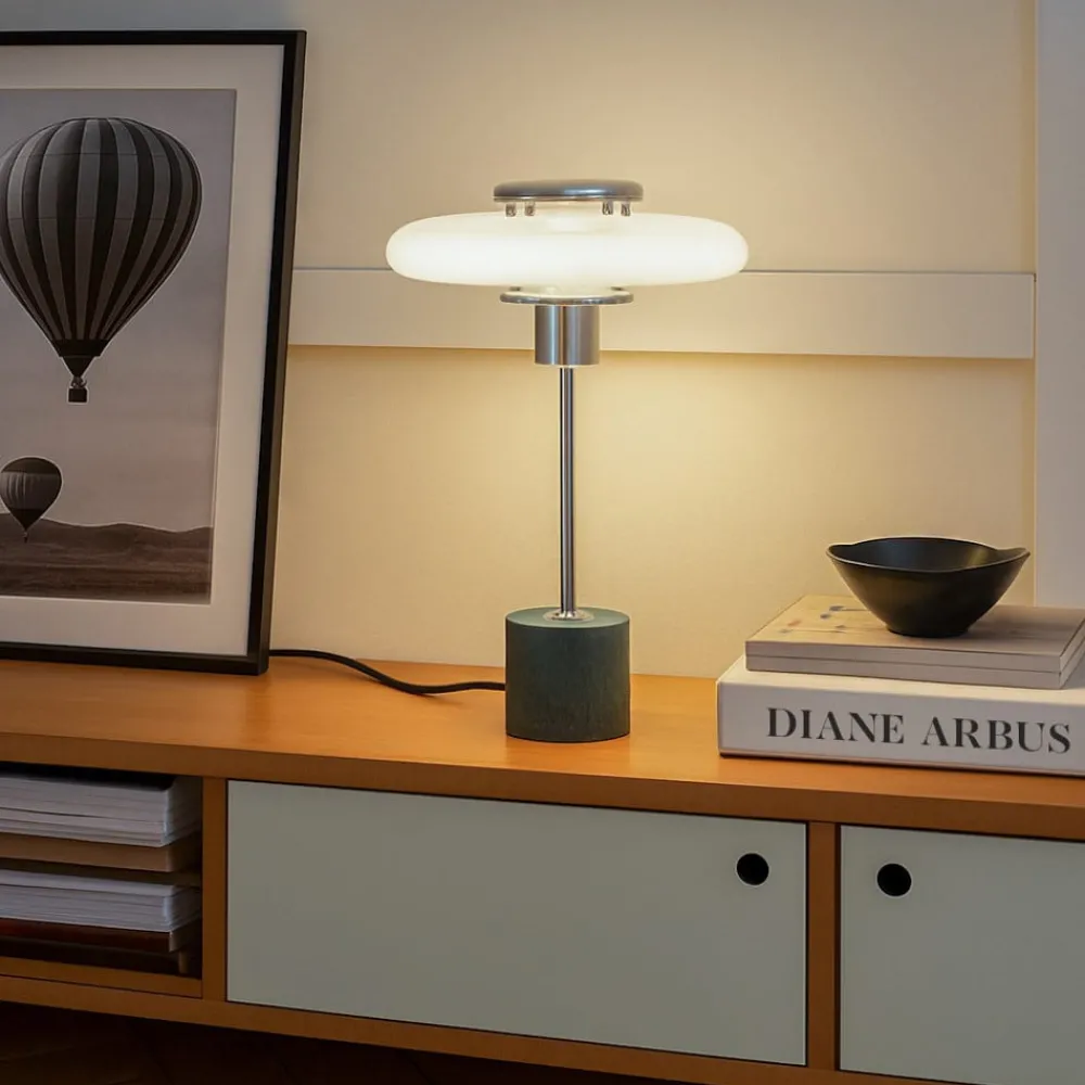 Lindby Pendellamper|Bordlamper > bordlampe Branford, retro, hvid/grøn opalglas/marmor