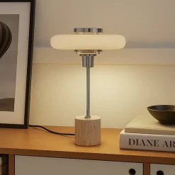Pendellamper|Bordlamper ^ Lindby bordlampe Branford, retro, beige, metal/travertin