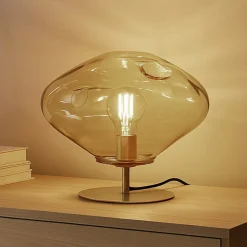 Bordlamper ^ Lindby bordlampe Lelia, rav, glas, metal, Ø 35 cm