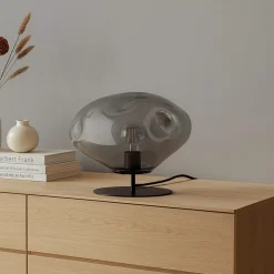 Bordlamper ^ Lindby bordlampe Lelia, røggrå, glas, metal, Ø 35 cm