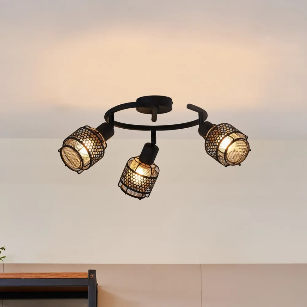 Loftlamper ^ Lindby Eudoria loftlampe, 3 lyskilder, sort/guld