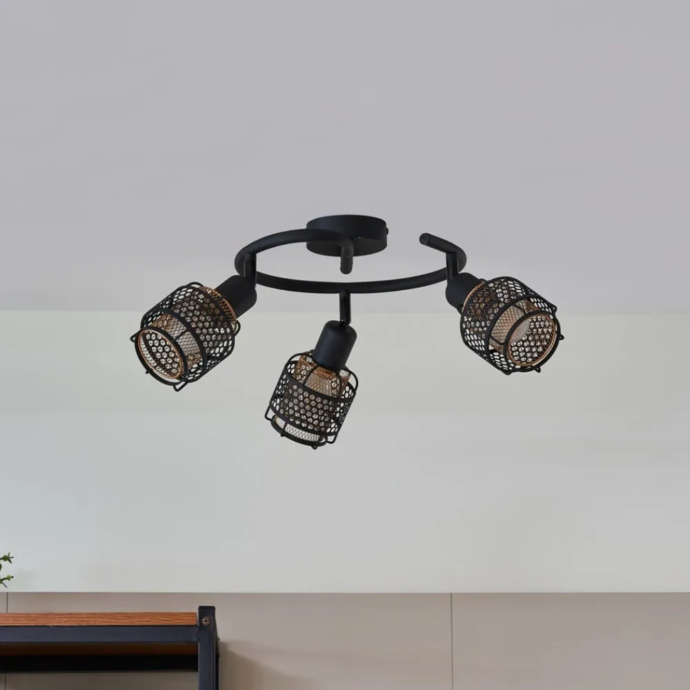 Loftlamper ^ Lindby Eudoria loftlampe, 3 lyskilder, sort/guld