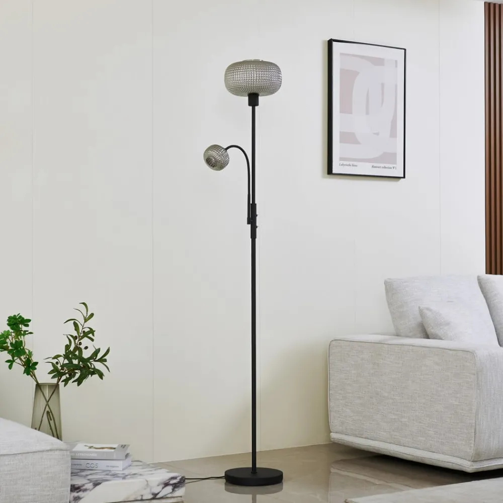 Gulvlamper|Gulvlamper ^ Lindby gulvlampe Aliette, sort/grå, glas, læselampe