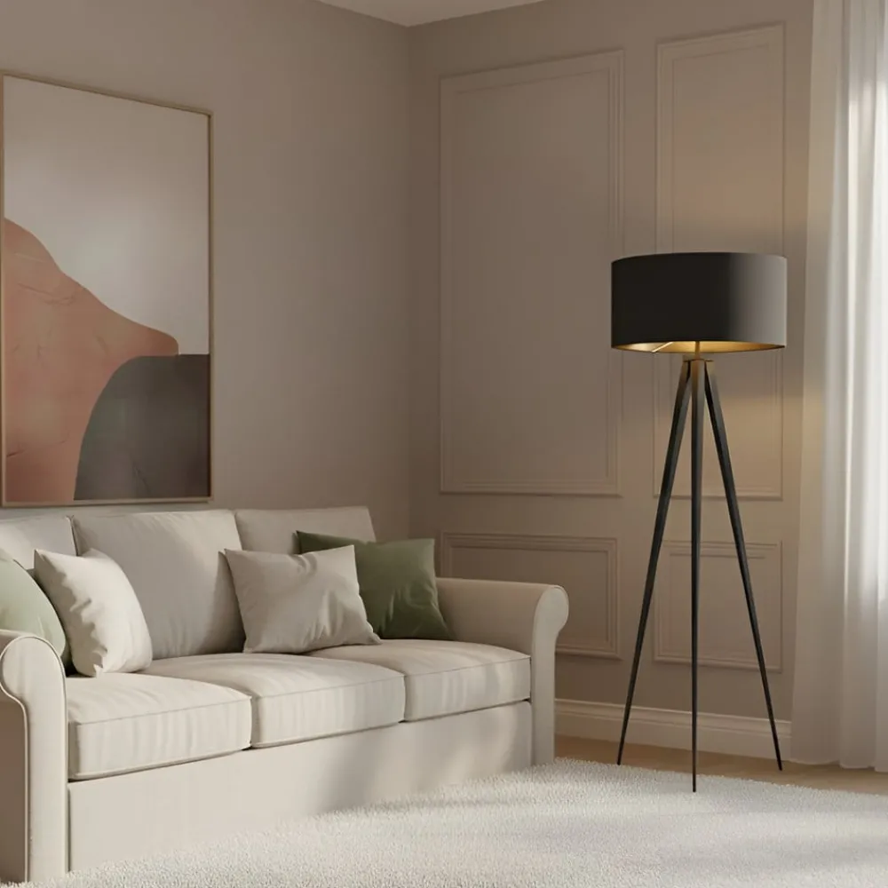 Lindby Gang|Pendellamper > gulvlampe Benik, stativ, tekstil, sort/guld, 153 cm