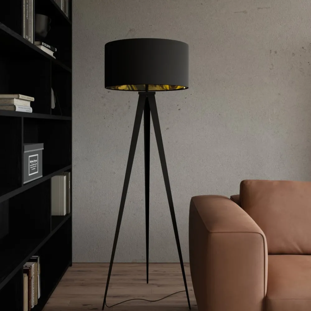 Lindby Gang|Pendellamper > gulvlampe Benik, stativ, tekstil, sort/guld, 153 cm