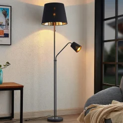 Gang|Pendellamper ^ Lindby gulvlampe Efalia, sort/guld, tekstil, læselampe