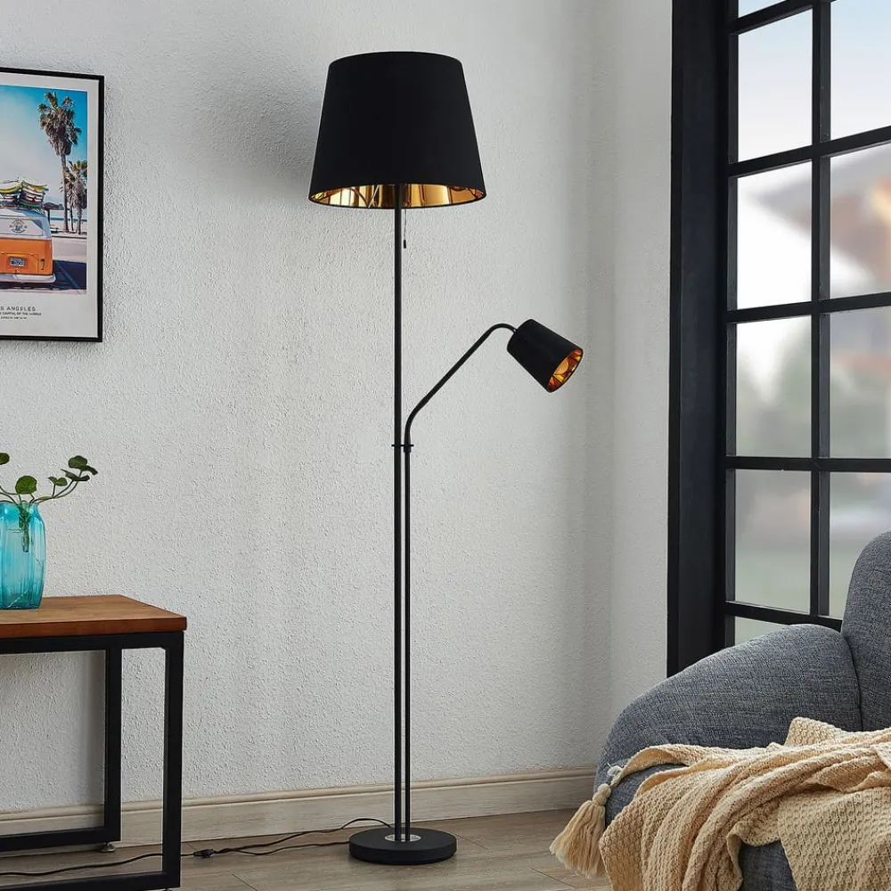 Gang|Pendellamper ^ Lindby gulvlampe Efalia, sort/guld, tekstil, læselampe