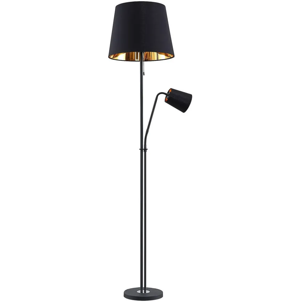 Gang|Pendellamper ^ Lindby gulvlampe Efalia, sort/guld, tekstil, læselampe