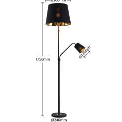 Gang|Pendellamper ^ Lindby gulvlampe Efalia, sort/guld, tekstil, læselampe