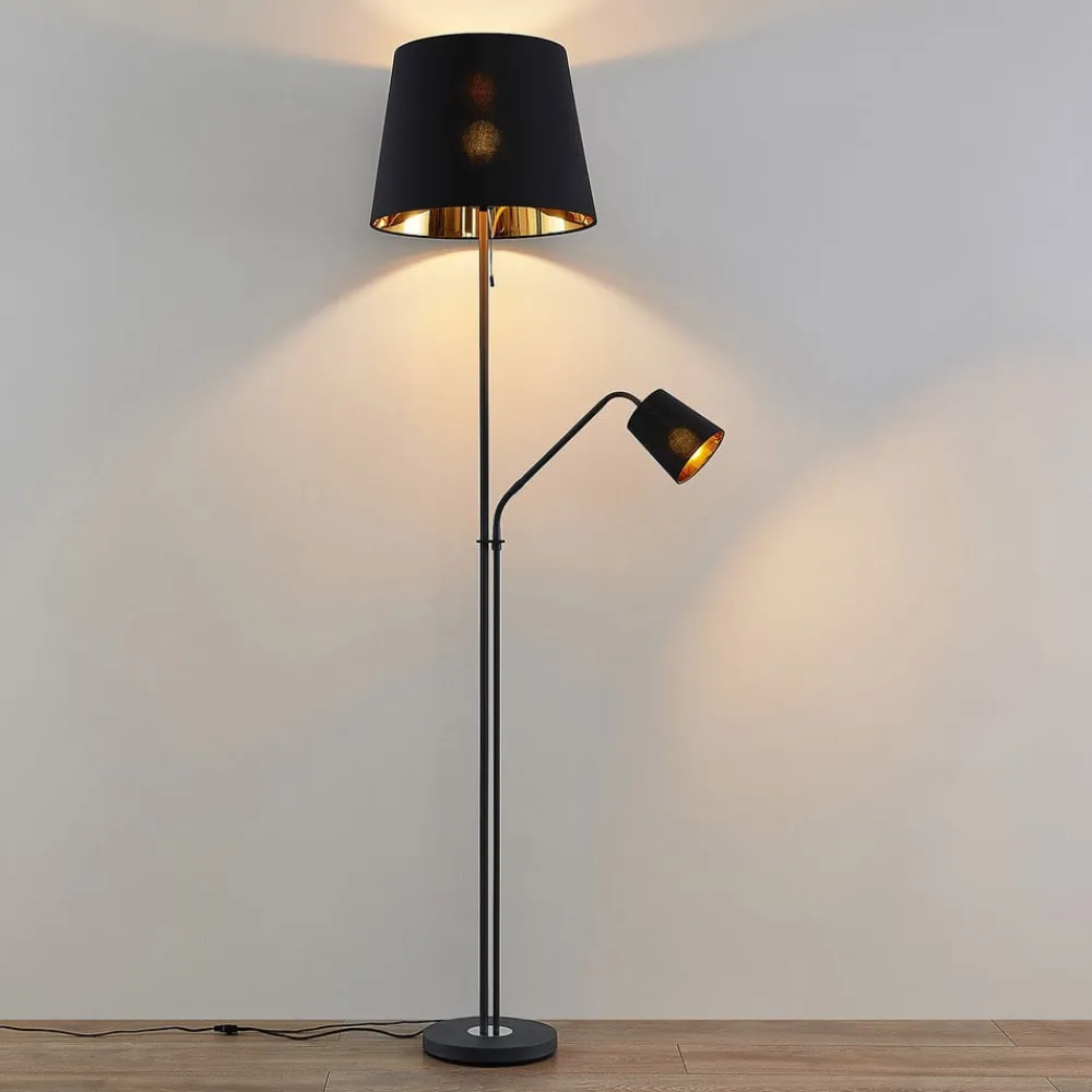 Gang|Pendellamper ^ Lindby gulvlampe Efalia, sort/guld, tekstil, læselampe