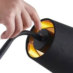 Gang|Pendellamper ^ Lindby gulvlampe Efalia, sort/guld, tekstil, læselampe