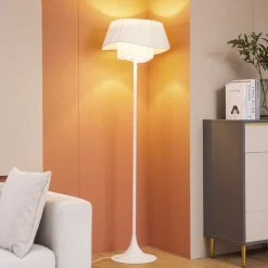 Gang|Gulvlamper ^ Lindby gulvlampe Eryndor, hvid, tekstil, Ø 47 cm, E27