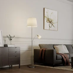 Gang|Gulvlamper ^ Lindby gulvlampe Nantwin, 175 cm, hvid, nikkel, tekstil