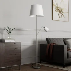 Gang|Gulvlamper ^ Lindby gulvlampe Nantwin, 175 cm, hvid, nikkel, tekstil