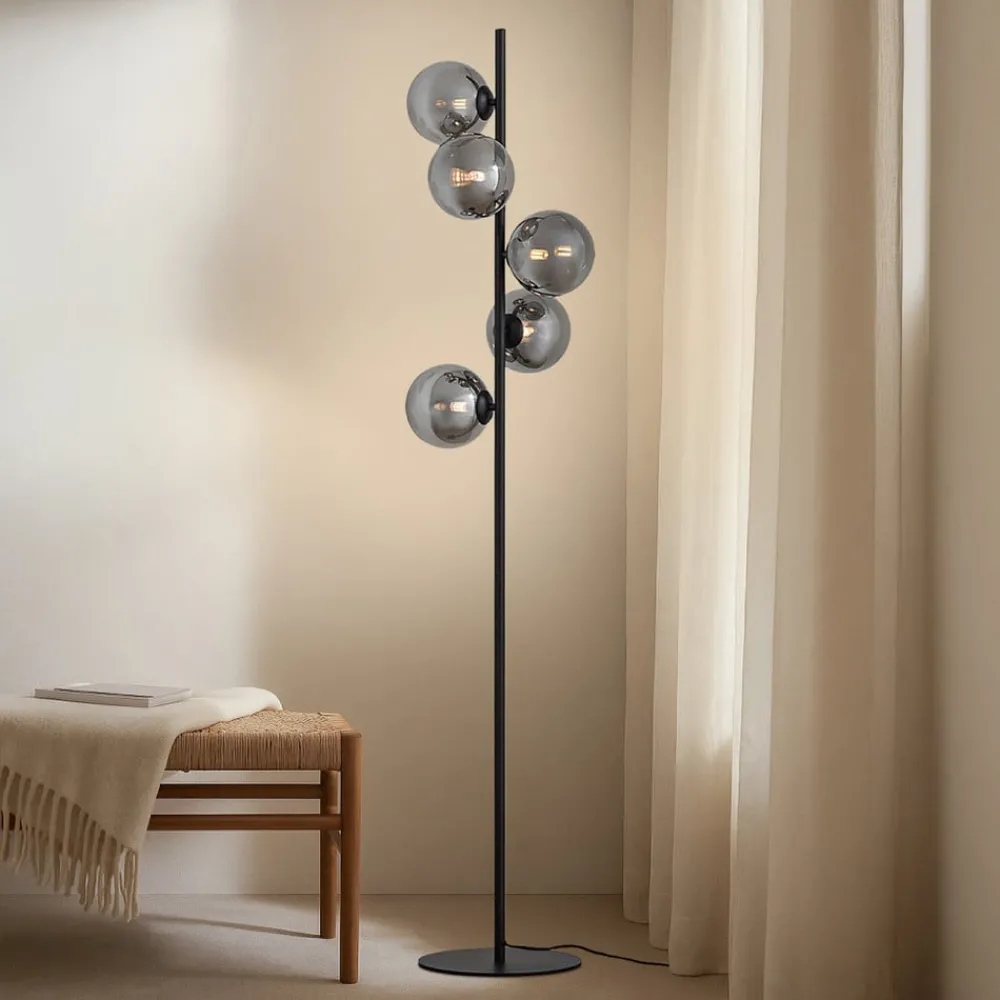 Pendellamper|Gulvlamper ^ Lindby gulvlampe Orbelia, sort, 5 lyskilder, glas