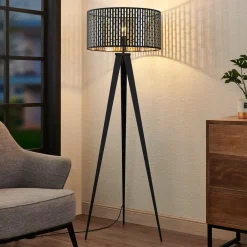 Gang|Gulvlamper ^ Lindby gulvlampe Thoralf, trefod, sort, tekstil, Ø50cm