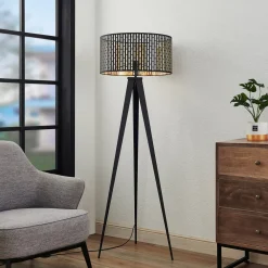 Gang|Gulvlamper ^ Lindby gulvlampe Thoralf, trefod, sort, tekstil, Ø50cm