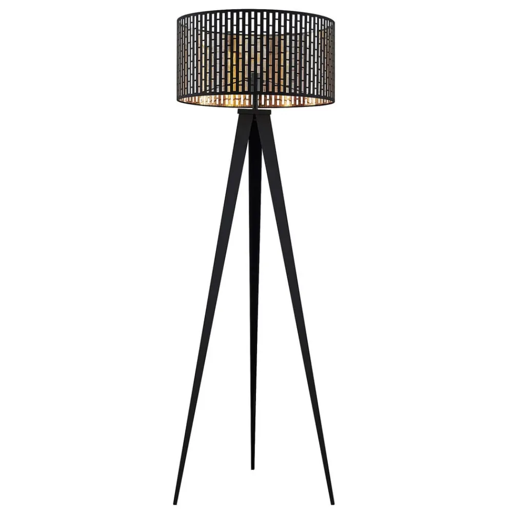 Gang|Gulvlamper ^ Lindby gulvlampe Thoralf, trefod, sort, tekstil, Ø50cm
