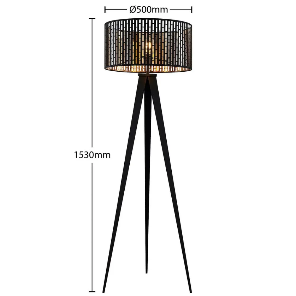 Gang|Gulvlamper ^ Lindby gulvlampe Thoralf, trefod, sort, tekstil, Ø50cm