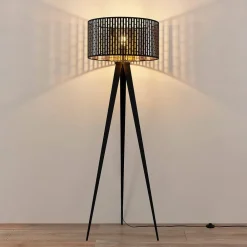 Gang|Gulvlamper ^ Lindby gulvlampe Thoralf, trefod, sort, tekstil, Ø50cm
