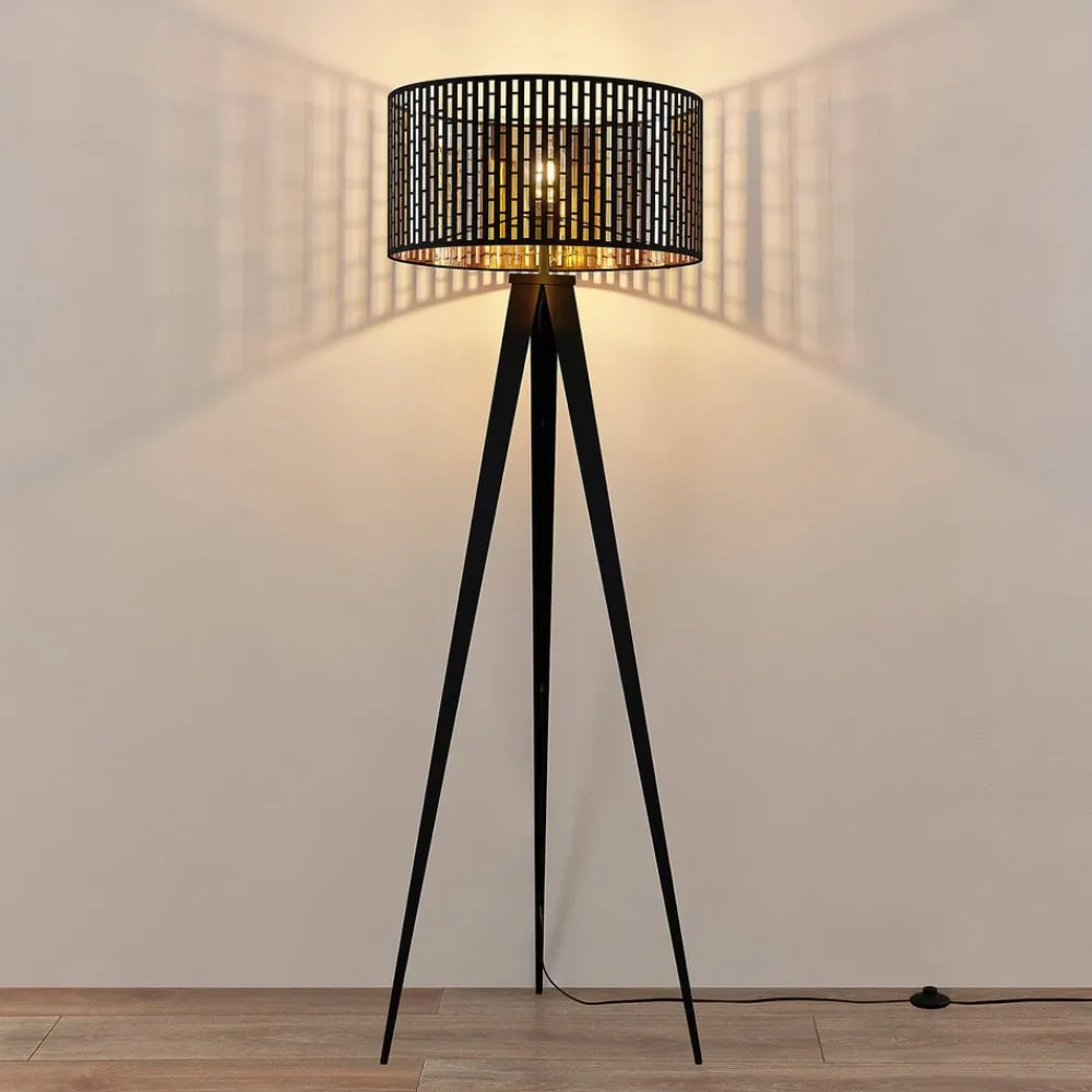 Gang|Gulvlamper ^ Lindby gulvlampe Thoralf, trefod, sort, tekstil, Ø50cm