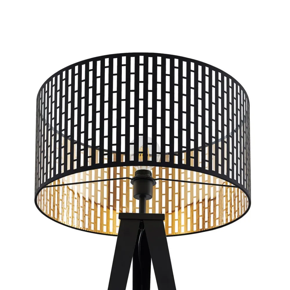 Gang|Gulvlamper ^ Lindby gulvlampe Thoralf, trefod, sort, tekstil, Ø50cm