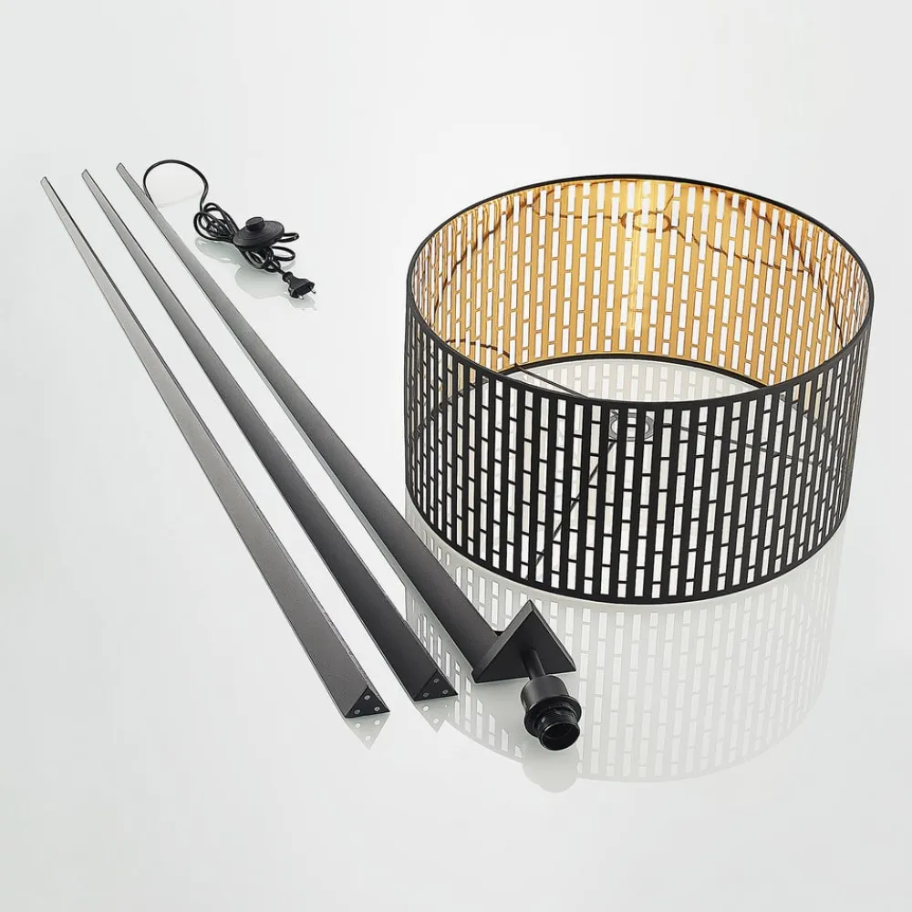 Gang|Gulvlamper ^ Lindby gulvlampe Thoralf, trefod, sort, tekstil, Ø50cm