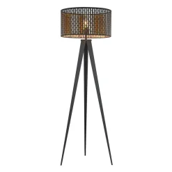 Gang|Gulvlamper ^ Lindby gulvlampe Thoralf, trefod, sort, tekstil, Ø50cm
