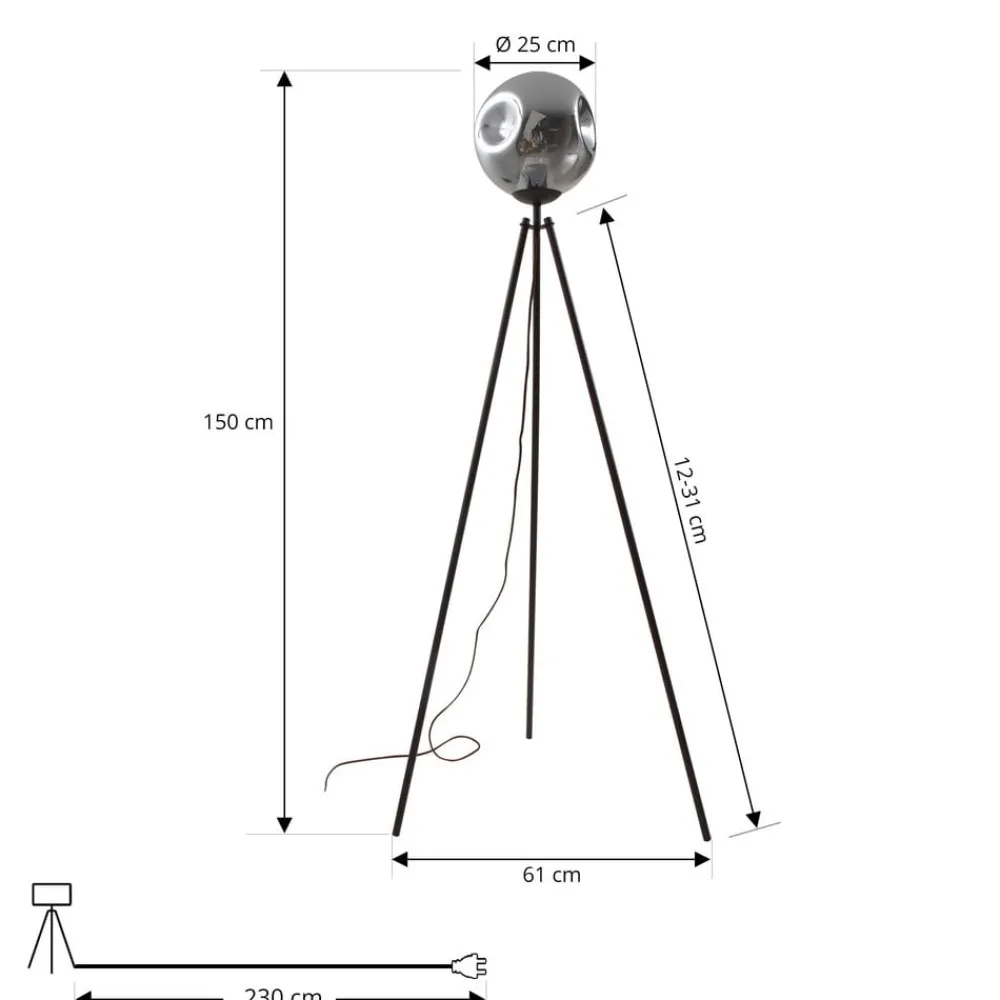 Lindby Gulvlamper|Gulvlamper > gulvlampe Valentina, E27, røggrå, glas, 150 cm