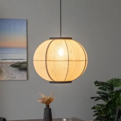 Pendellamper ^ Lindby hængelampe Aurinil, træfarvet, hør, Ø 48cm, E27
