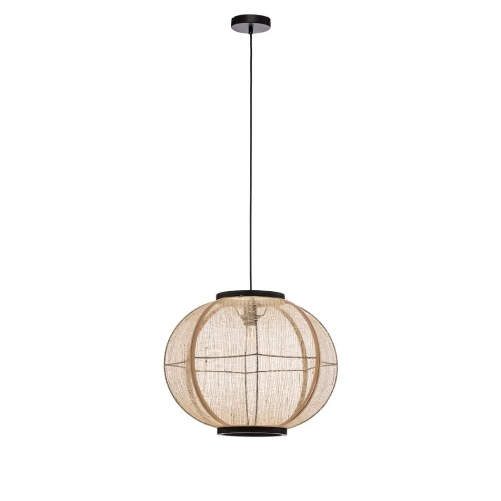 Pendellamper ^ Lindby hængelampe Aurinil, træfarvet, hør, Ø 48cm, E27