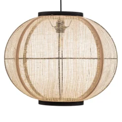 Pendellamper ^ Lindby hængelampe Aurinil, træfarvet, hør, Ø 48cm, E27