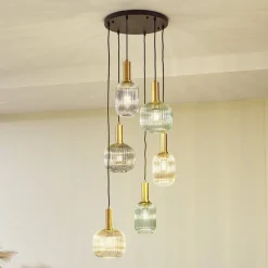 Lindby Pendellamper > hængelampe Doroteo, 6 lyskilder, grøn/amber/grå, glas
