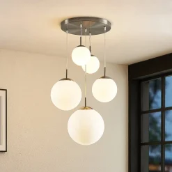 Pendellamper|Pendellamper ^ Lindby hængelampe Heleska, hvid, glas, 5 lyskilder, Ø 50 cm