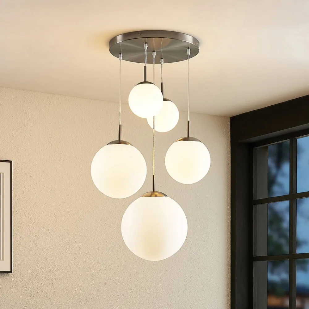 Pendellamper|Pendellamper ^ Lindby hængelampe Heleska, hvid, glas, 5 lyskilder, Ø 50 cm