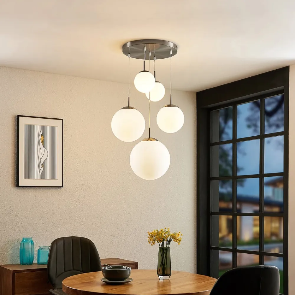 Pendellamper|Pendellamper ^ Lindby hængelampe Heleska, hvid, glas, 5 lyskilder, Ø 50 cm