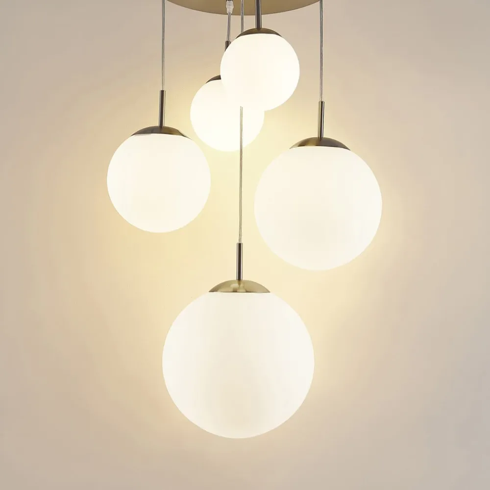 Pendellamper|Pendellamper ^ Lindby hængelampe Heleska, hvid, glas, 5 lyskilder, Ø 50 cm