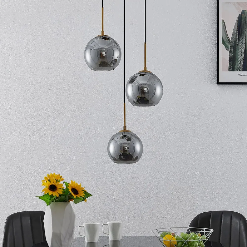Pendellamper ^ Lindby hængelampe Jurian, 32 cm, 3 lyskilder, bronze, røg, glas