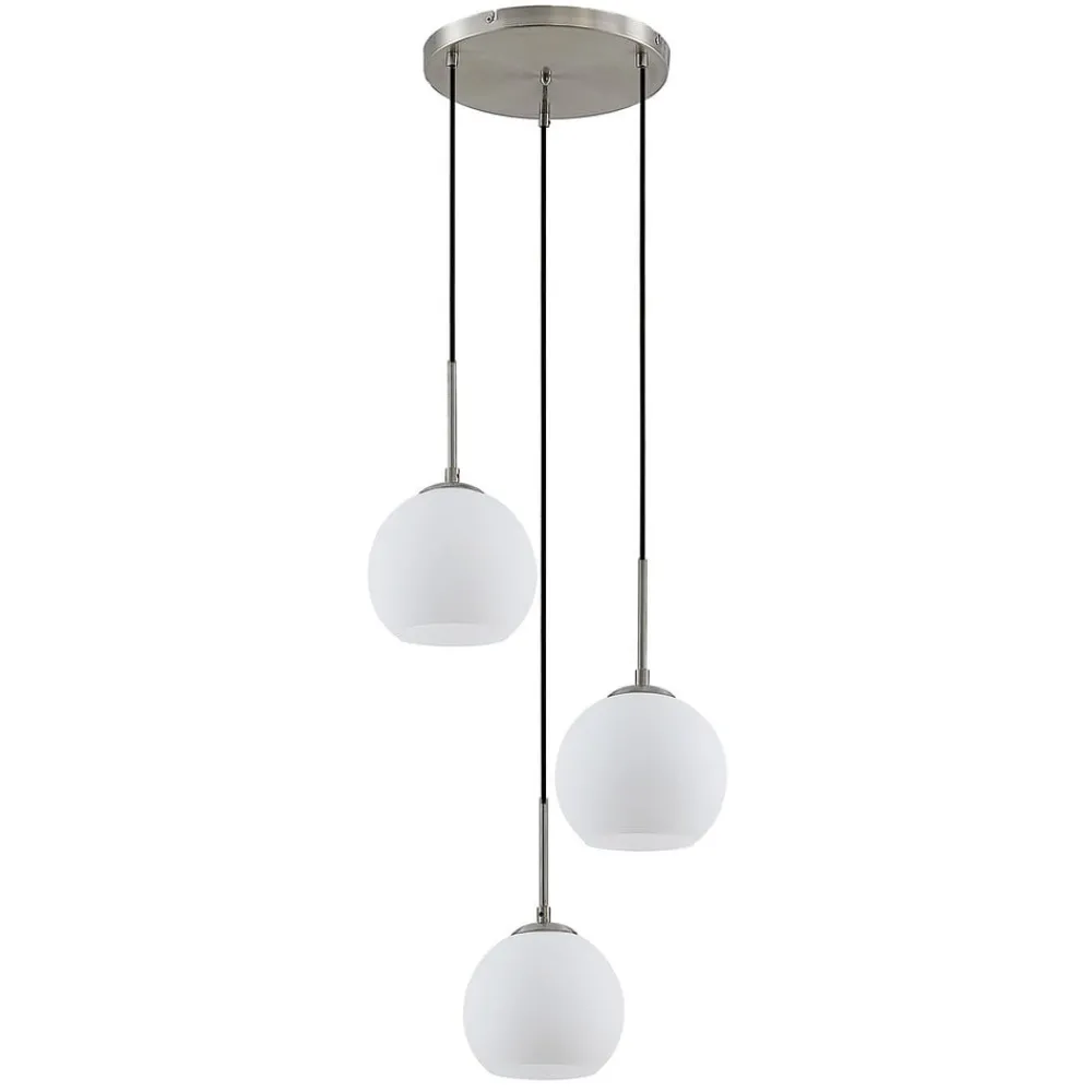 Pendellamper ^ Lindby hængelampe Jurian, Ø 32 cm, 3 lyskilder, nikkel/opal, glas