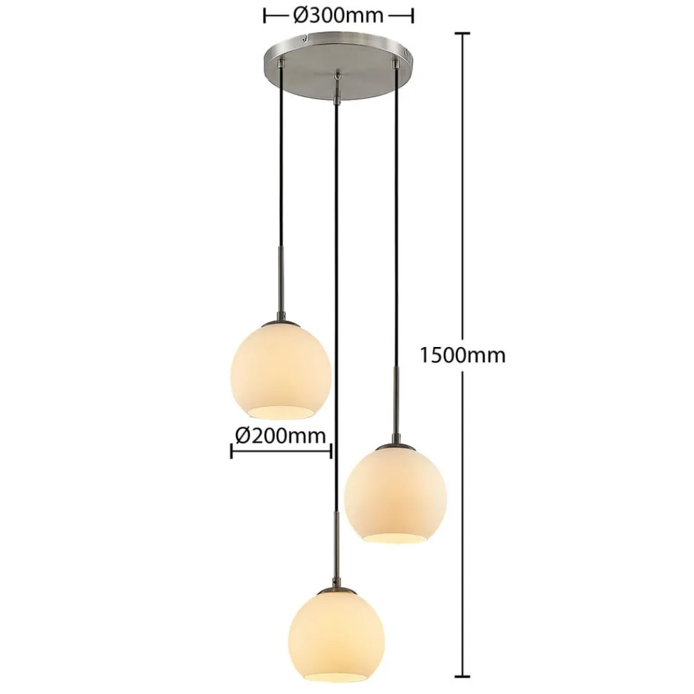 Pendellamper ^ Lindby hængelampe Jurian, Ø 32 cm, 3 lyskilder, nikkel/opal, glas