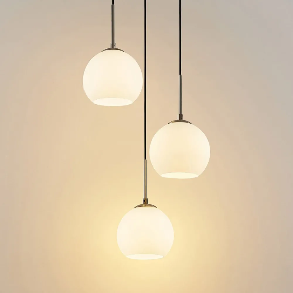 Pendellamper ^ Lindby hængelampe Jurian, Ø 32 cm, 3 lyskilder, nikkel/opal, glas